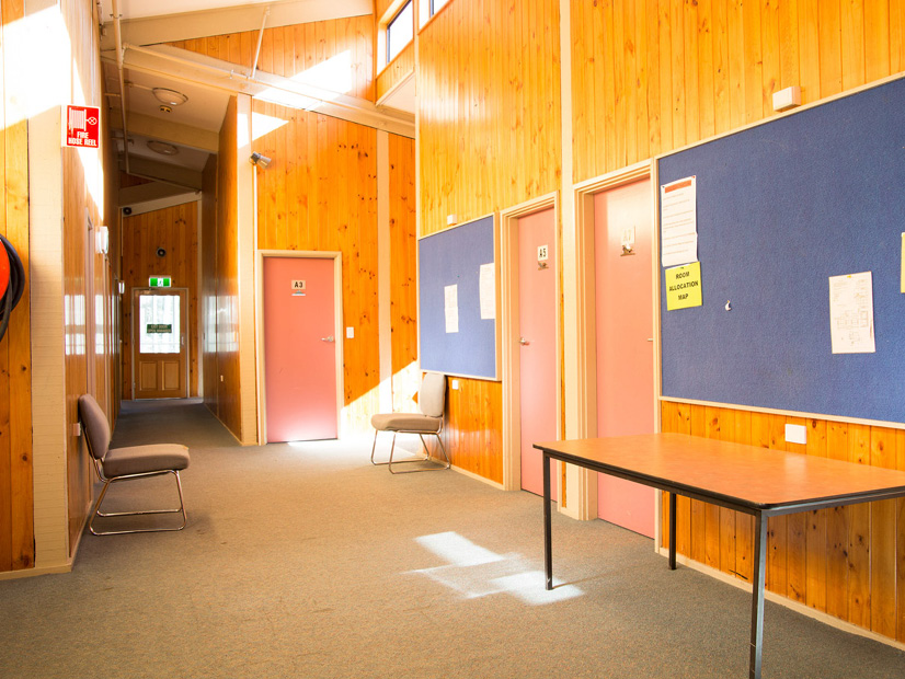 The hallway of an accommodation wing at Howmans Gap Alpine Centre.