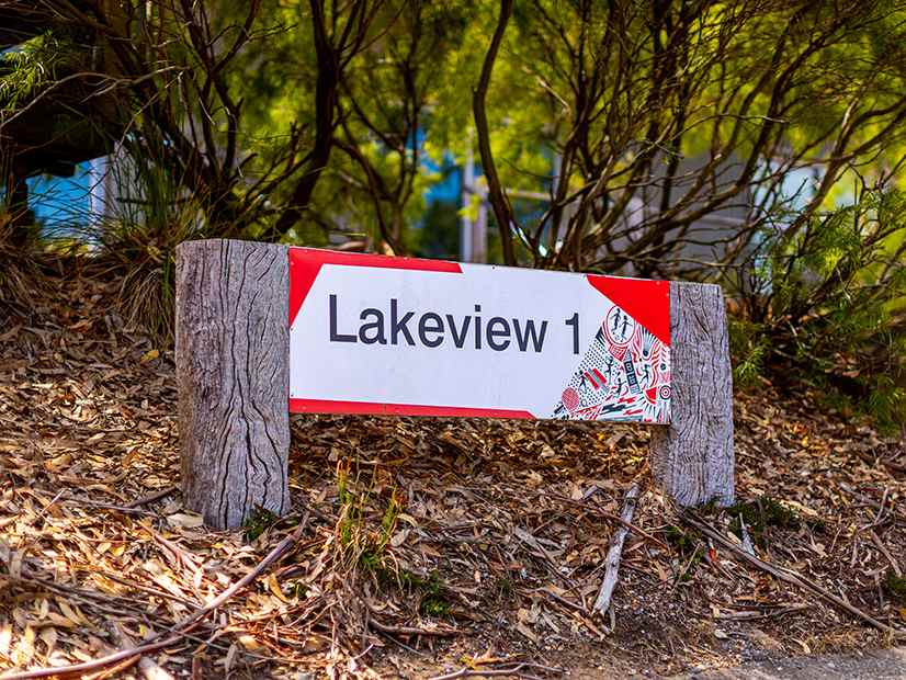 A signpost that says 'Lakeview 1' surrounded by trees