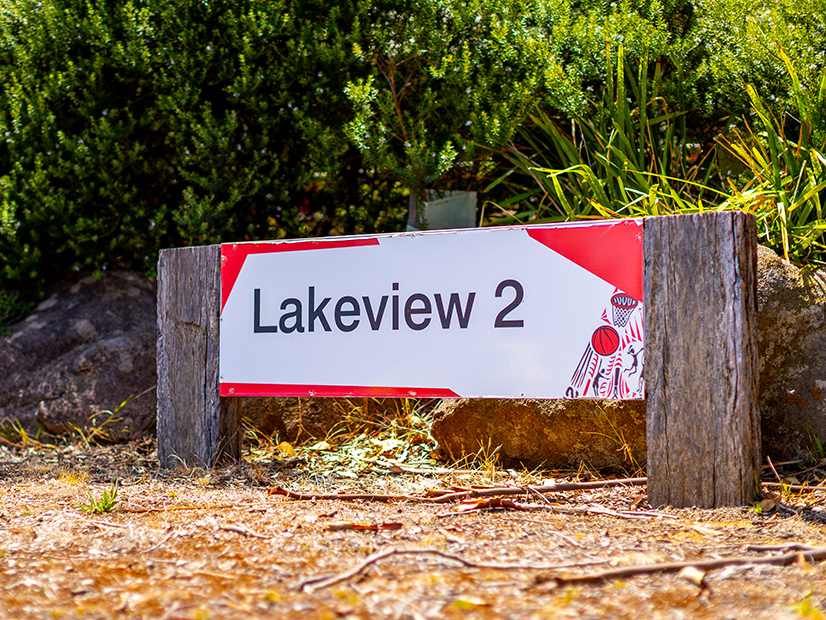 A signpost that says 'Lakeview 2' surrounded by trees